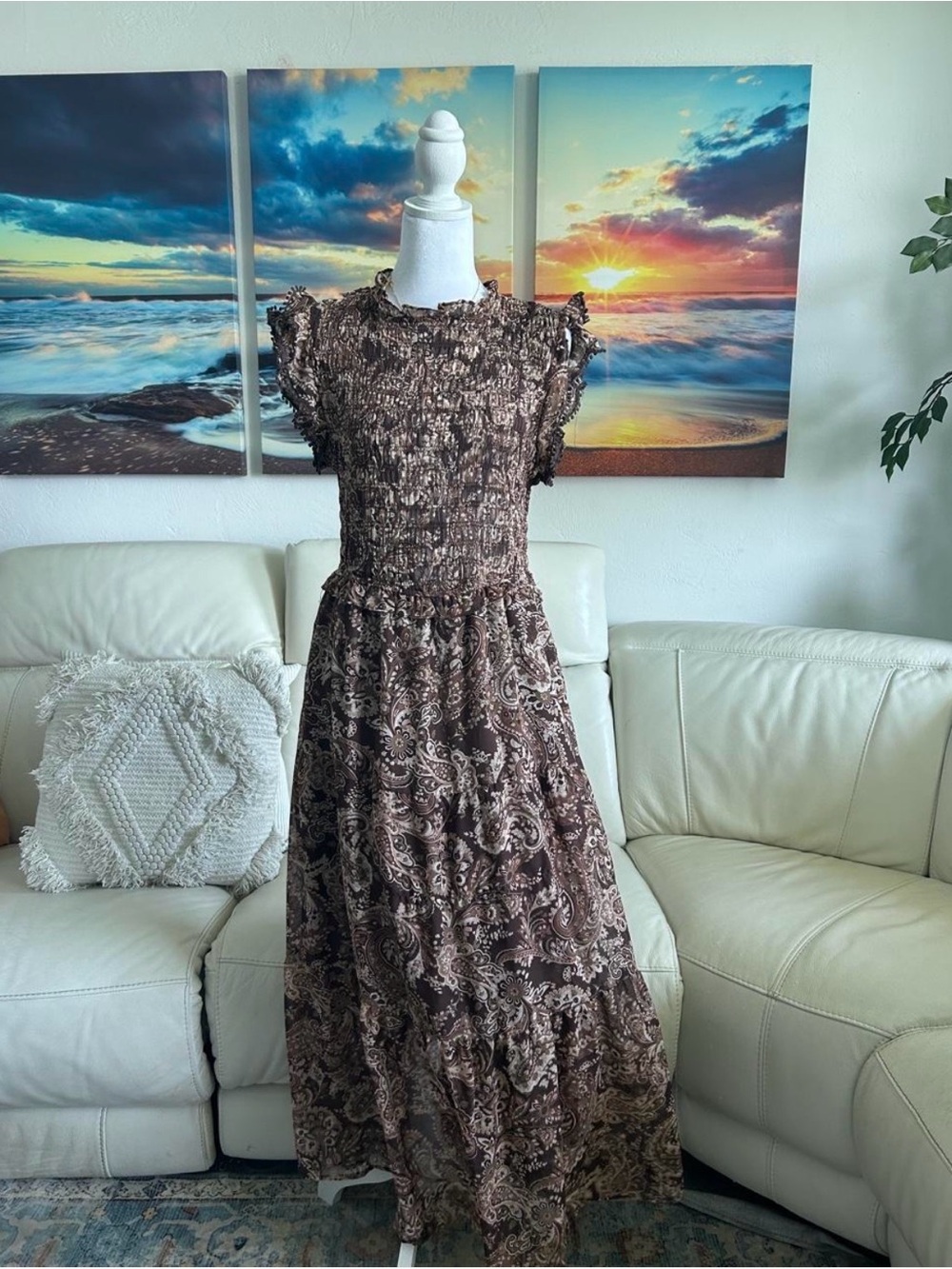 Moon River Brown Paisley Smocked Maxi Dress